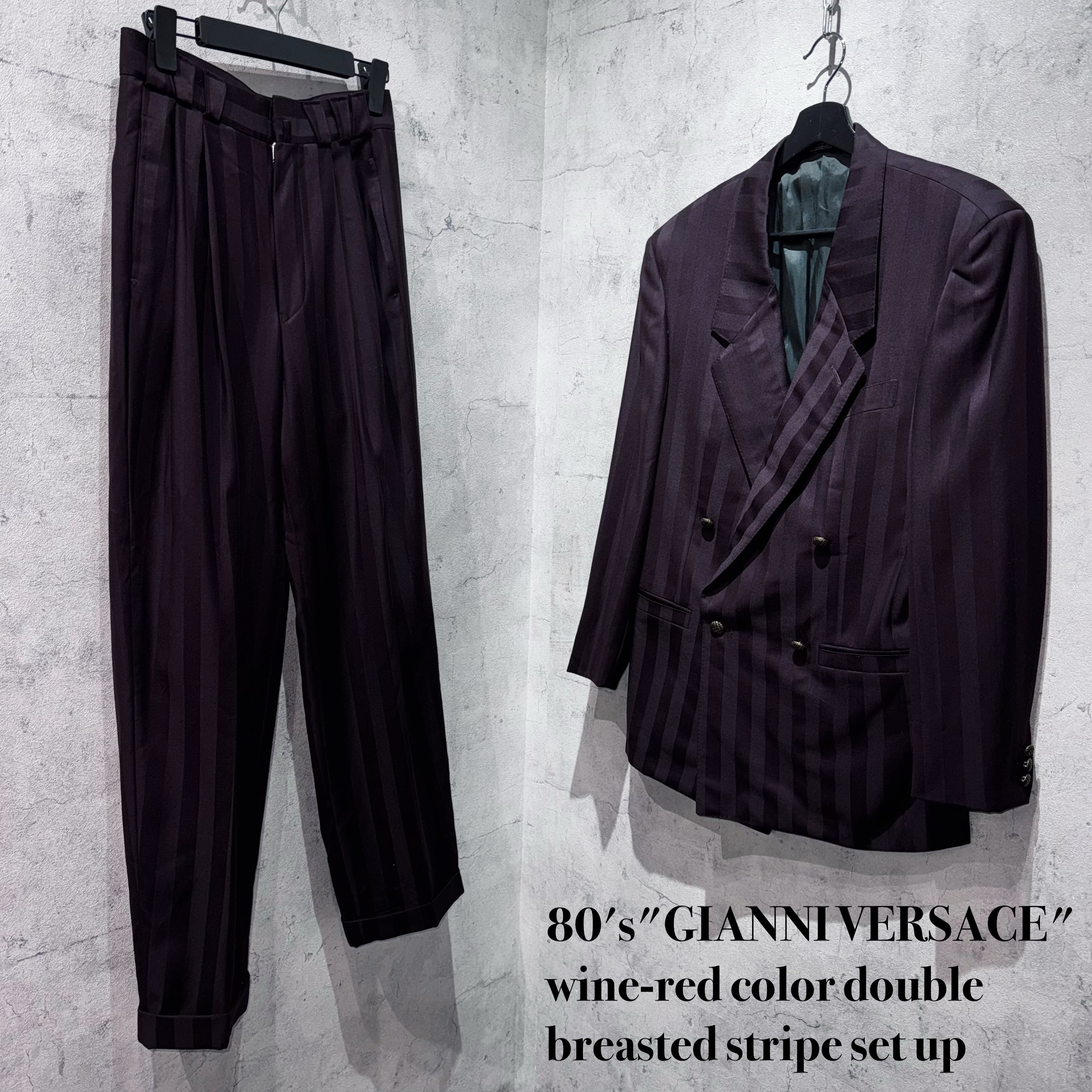 80's"GIANNI VERSACE"wine-red color double breasted stripe set up