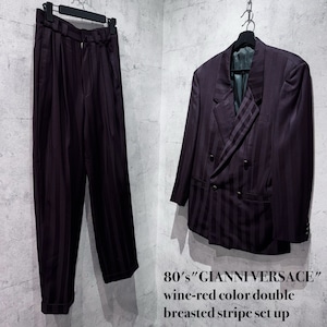 80's"GIANNI VERSACE"wine-red color double breasted stripe set up
