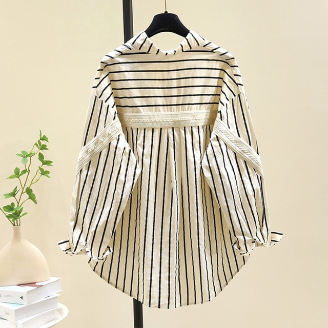 背面ギャザー切替 ゆったりストライプシャツブラウス Ln00369