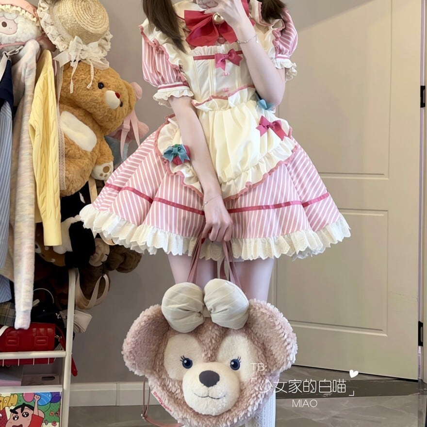 甘ロリ ピンクのストライプメイド服 コスチューム イベント コンカフェ