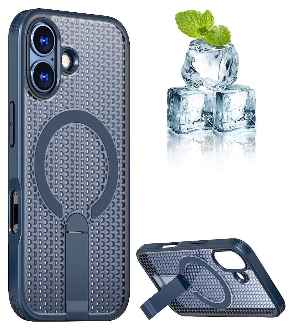 YUZOR for iPhone 17/18 ケース 冷却 放熱 メッシュ スマホケース MagSafe対応 スタンド付き アイフォン17/18 カバー 滑り止め 指紋防止 耐衝撃 米軍MIL規格取得 ストラップホール付き 6.3インチ (iPhone17/18 紺色) FX-17/18-lan