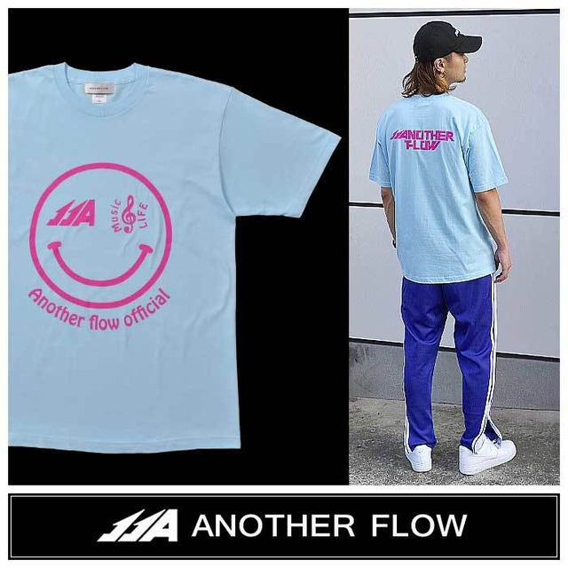 ANOTHER FLOW(アナザーフロー) ネオン スマイルマーク Tシャツ ライトブルー×ピンク