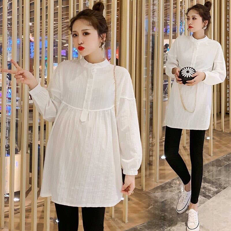 【新作】【送料無料】 7310＃秋の長袖ホワイトコットンリネンマタニティブラウスラインルーズチュニック服妊婦妊娠トップ ロング オータム 秋物 Aライン AL expec437616118146