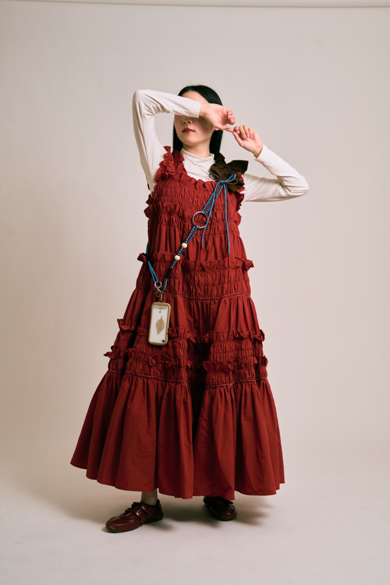 bi-tone frill strap Brown×Blue