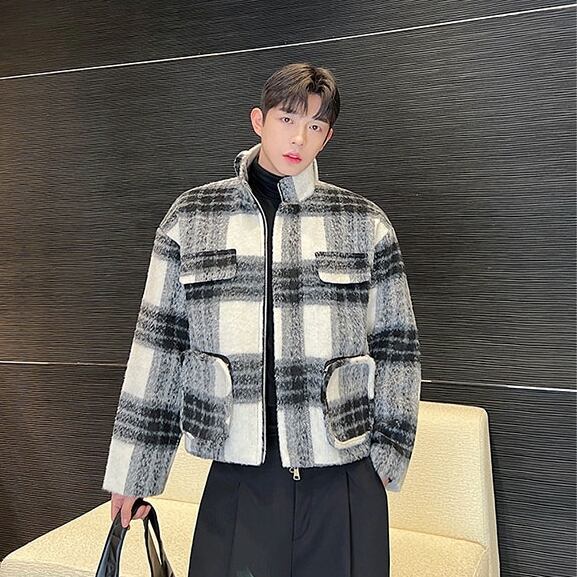予約販売】ジャケット ショート丈 チェック柄 ジップアップ アウター
