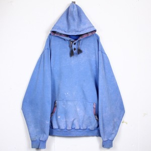 【Caka act2】Check Pattern Switching Design Vintage Loose Beautiful Faded Henry Neck Hoodie