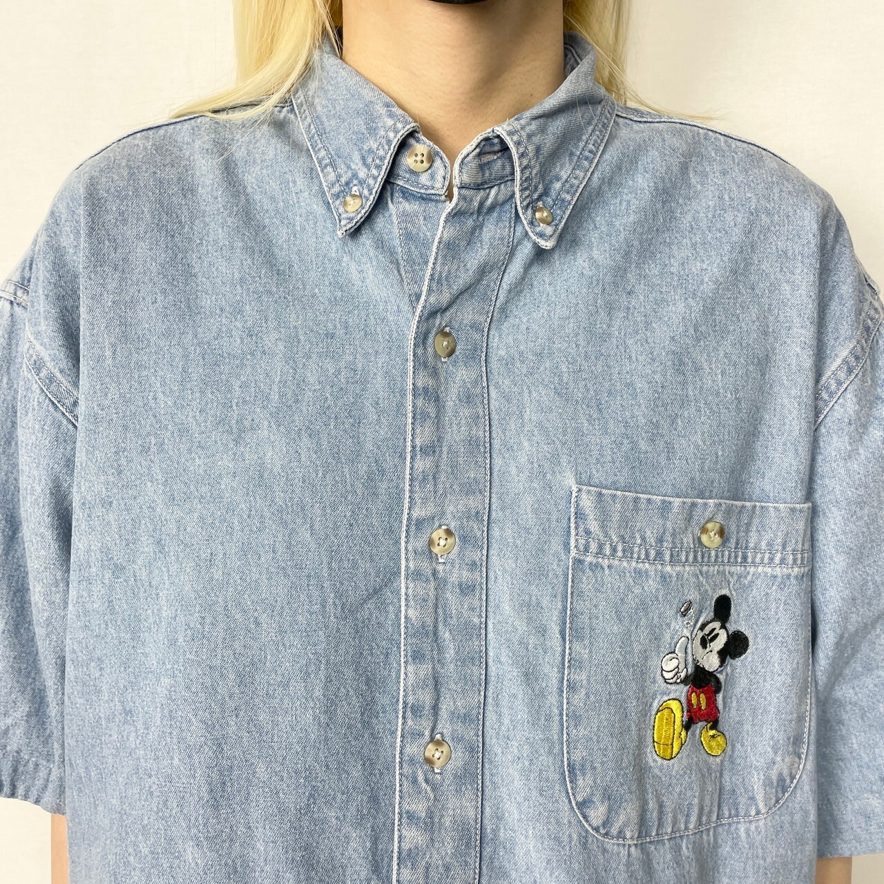 DISNEY ディズニー ミッキーマウス 刺繍 半袖 デニムシャツ メンズM 