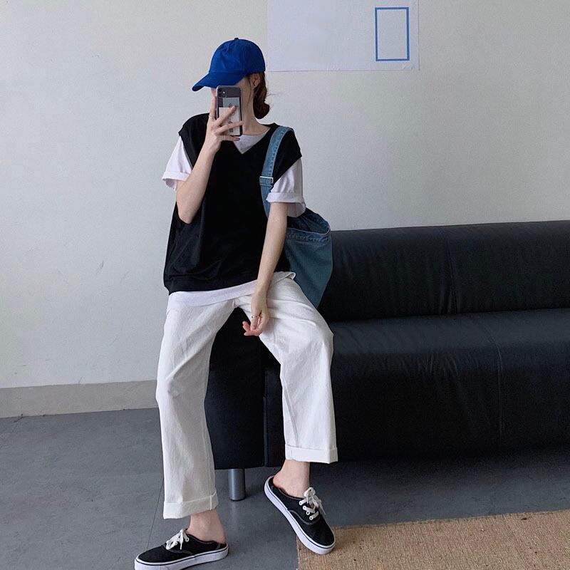 2020年初秋新しいカジュアルスーツの女性用Vネックブラックベスト+ハイウエストルーズルックの薄くて小さいワイドレッグパンツ クレセントシティ75618676616