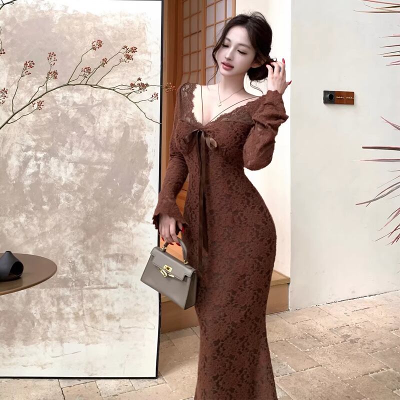 【dress】胸パット付きロングレースワンピース Q8167