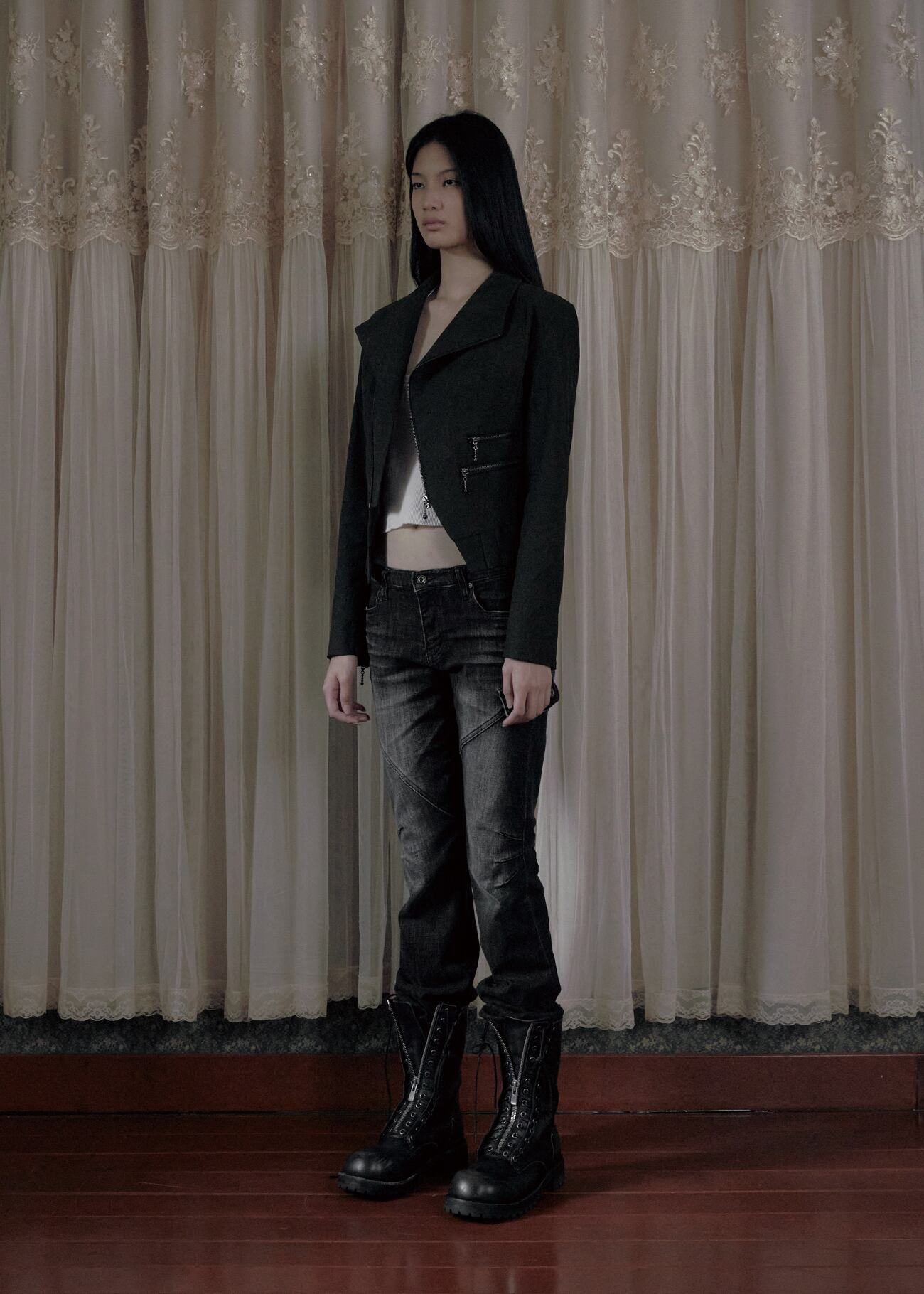 BOHEMIAN SEOUL] CREASED DIAGONAL ZIP JACKET, KHAKI BROWN 正規品