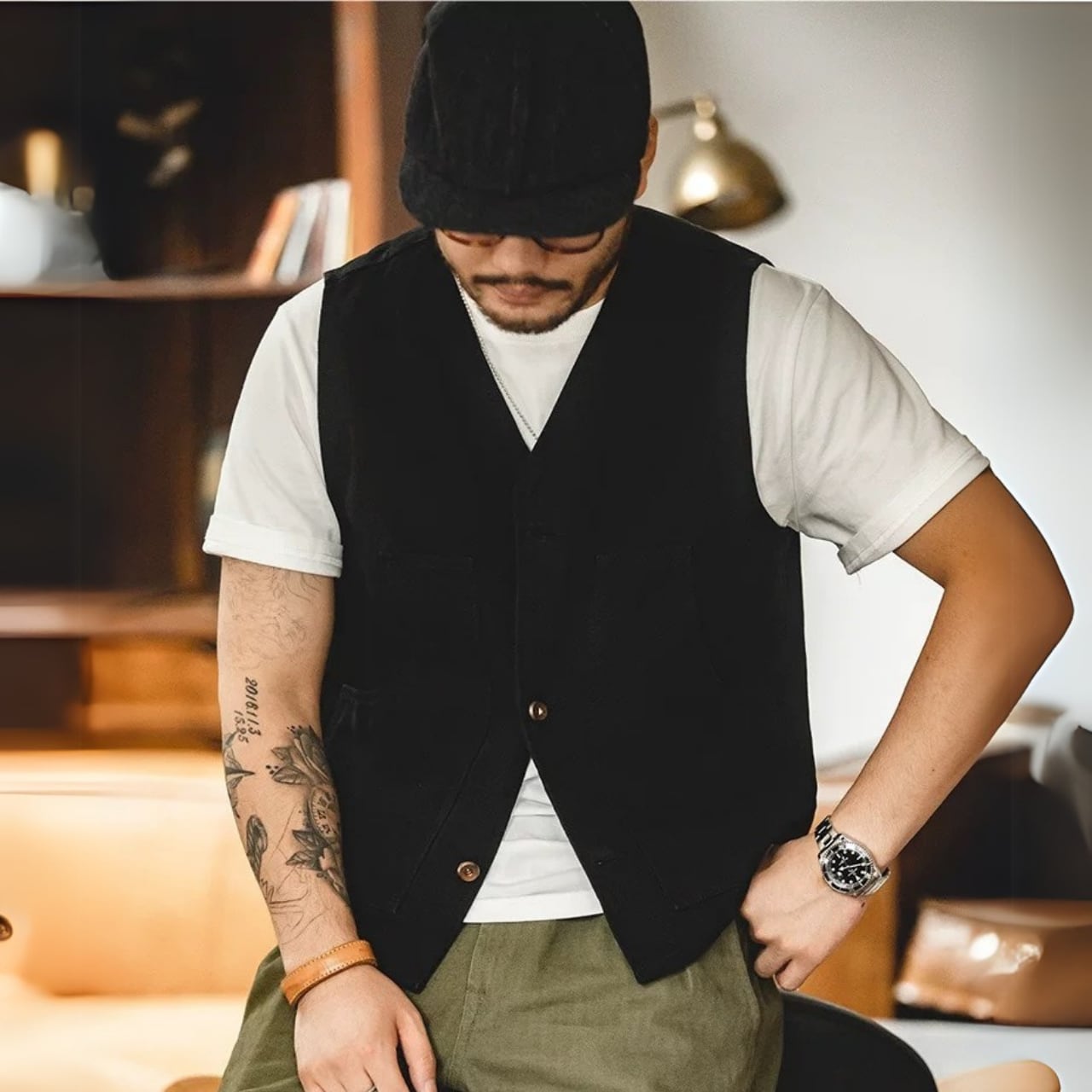 フロントボタン留め Vネック ワークベスト 00391