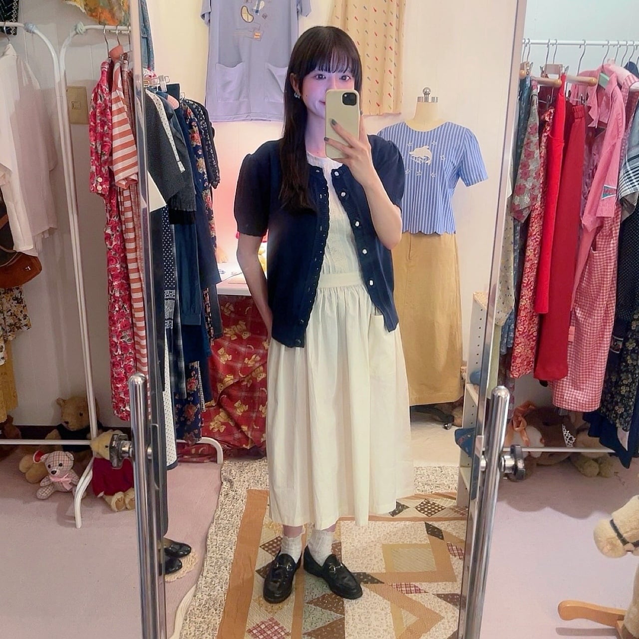 flower button navy knit cardigan