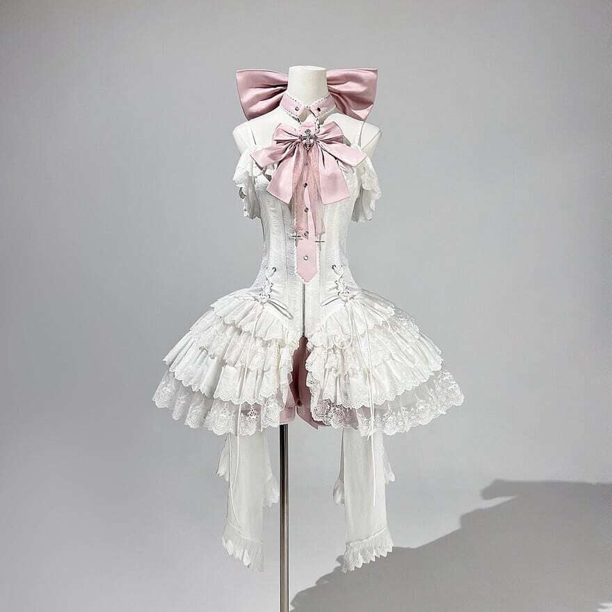 ロリータファッション 白薔薇リボンレースフリルOPセット | ロリィタ