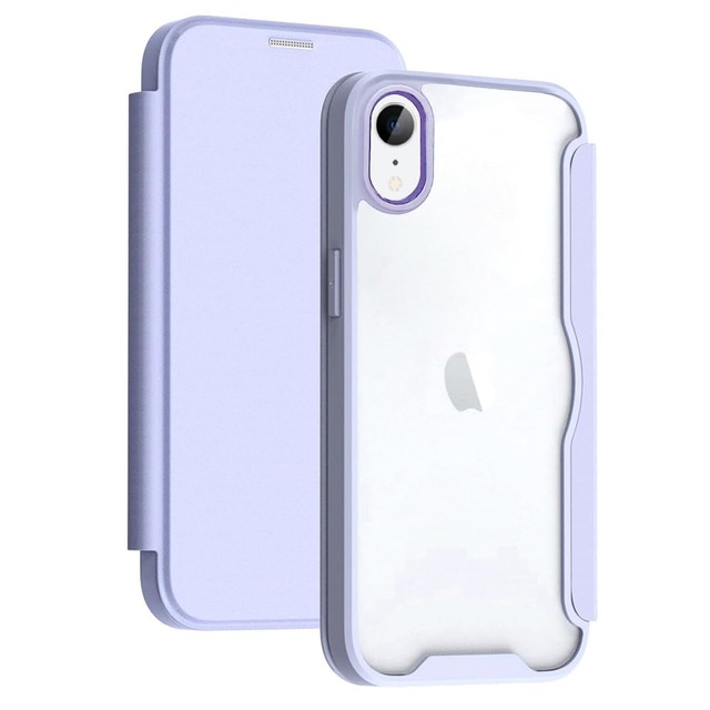 YUYIB スマホケース 対応 iPhone XR ケース 手帳型 背面 クリア 透明 高級なPUレザー+PCパネル+TPUバンパー マグネットが内蔵 衝撃吸収 軽量薄型 ブランド 対応 アイフォンXR 手帳型 ケース (浅い-パープル)