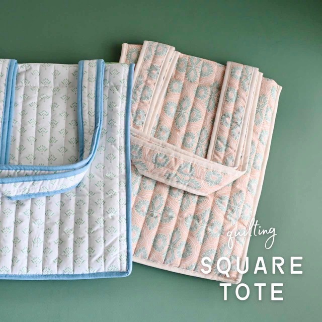 【 完売 】インドキルト スクエアトート ピンク・ホワイト｜A4収納 花柄 キッズ おしゃれ キルティング レッスンバッグ 雑貨屋