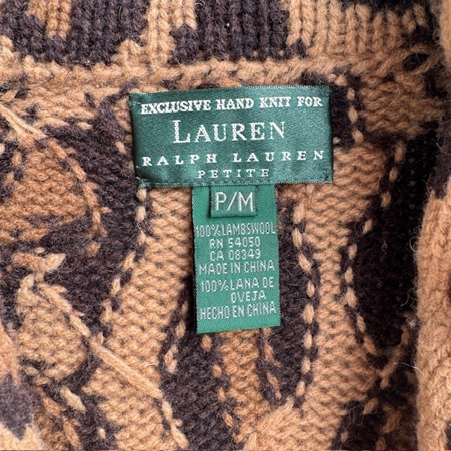 Ralph Lauren ラルフローレン ハンドニットカーディガン 90s レオパード柄 ラムズウール ブラウン ヴィンテージ古着 S〜M 画像5