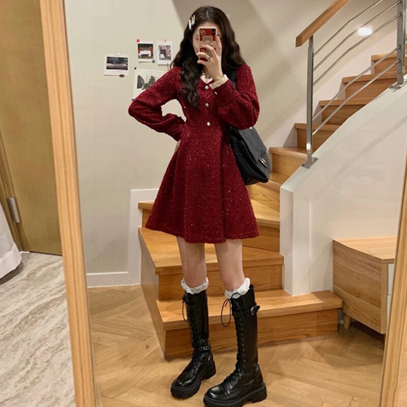 ドレス オータムウィンタースタイルレッドスタンダードレーススプリングスカート レトロ 春物 秋物 冬物 萌量不足34751474725