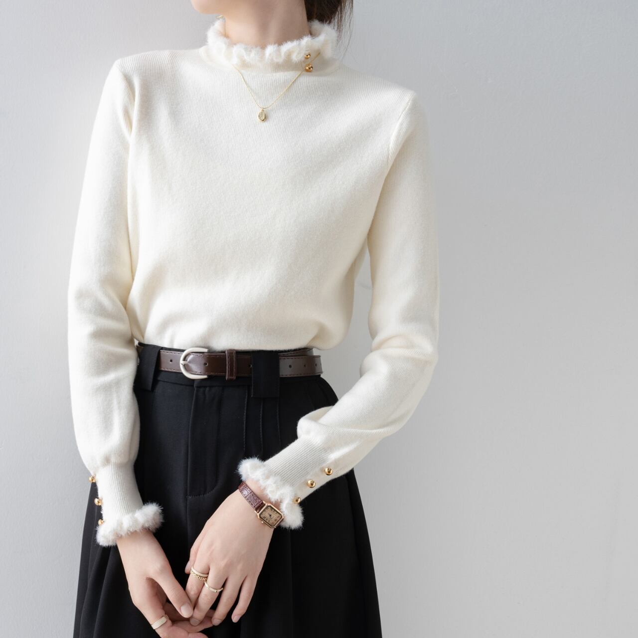 フリルハイネックニットトップス Me1650