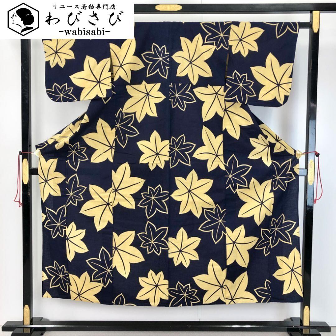 夏着物 浴衣 うちわに花模様 留紺色 トールサイズ しつけ糸 K-5979
