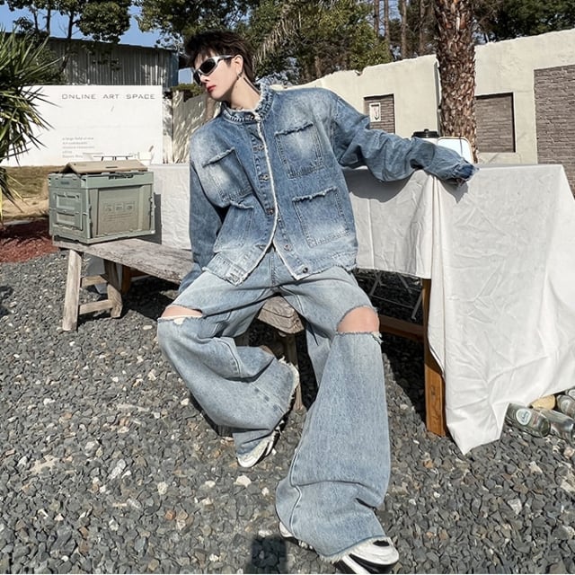 予約販売】メンズ セットアップ メンズ デニム カジュアル ダメージ