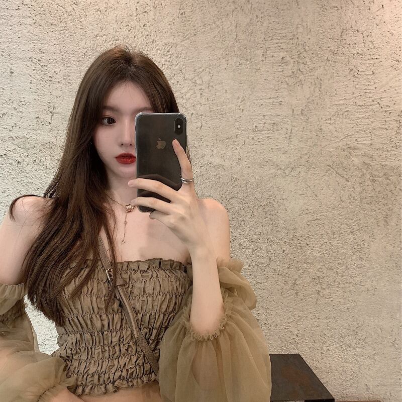 シャツ レディーススプリングオータムメッシュショートトップス ロング 春物 秋物 オフショルダー ブラックストロベリース17448153559