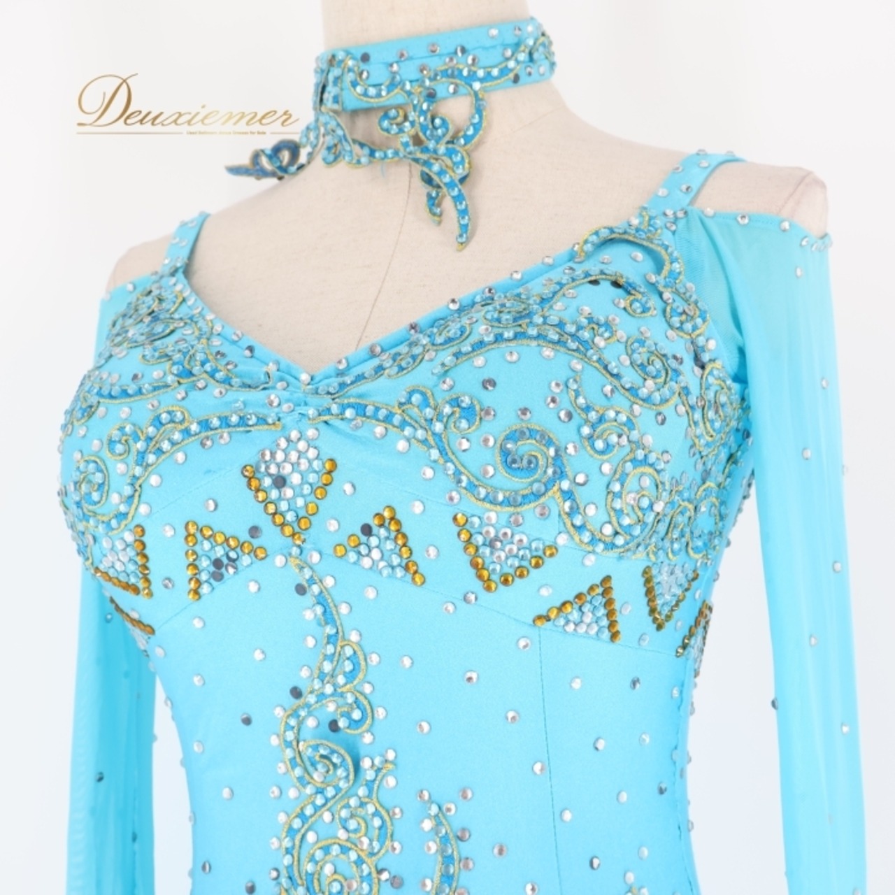 社交ダンス 衣装 スタンダードドレス ワンピース ドレス ブルー系 ウィッシュプラス Wish plus 水色 レース フリル デモ 競技 ダンス パーティ 発表会 おしゃれ 女性用 競技用 発表会用 お洒落