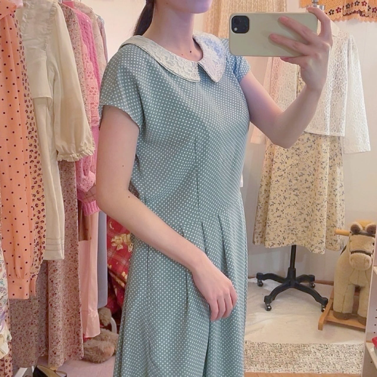 lace collar light green dot one-piece