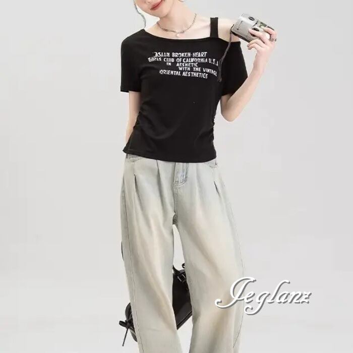 3色 Tシャツ トップス ロゴ プリント ワンショル アシメ 肌見せ(MA458)ρ