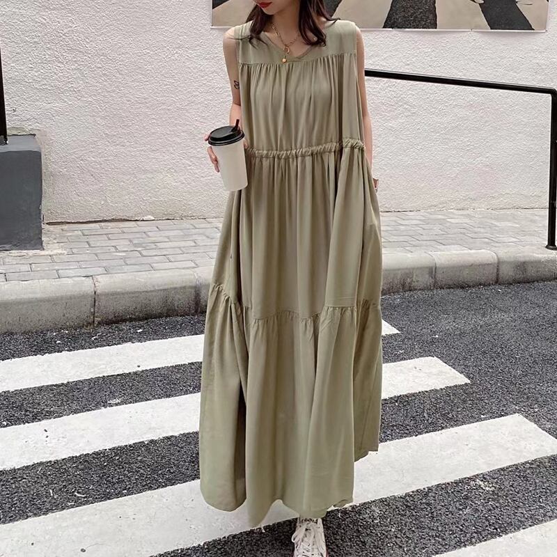 ワンピース 全4色展開 シンプル レトロ 足首丈 ロング 無地 ノースリーブ ギャザー飾り Aライン Miyabigo