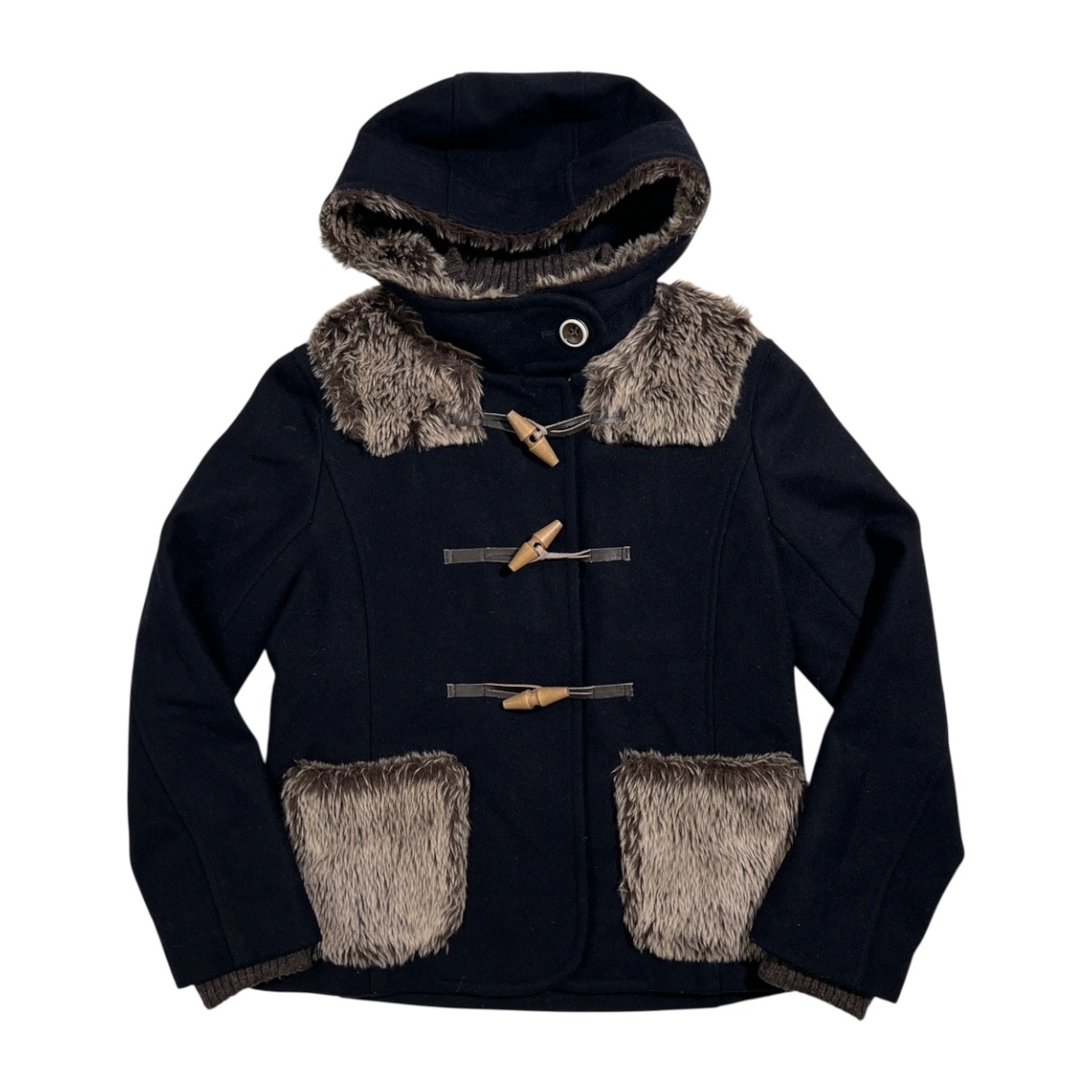 FRAPBOIS フラボア 裏チェック フード付き ファーデザイン ショート ダッフルコート サイズ 1 /ネイビー/レディース