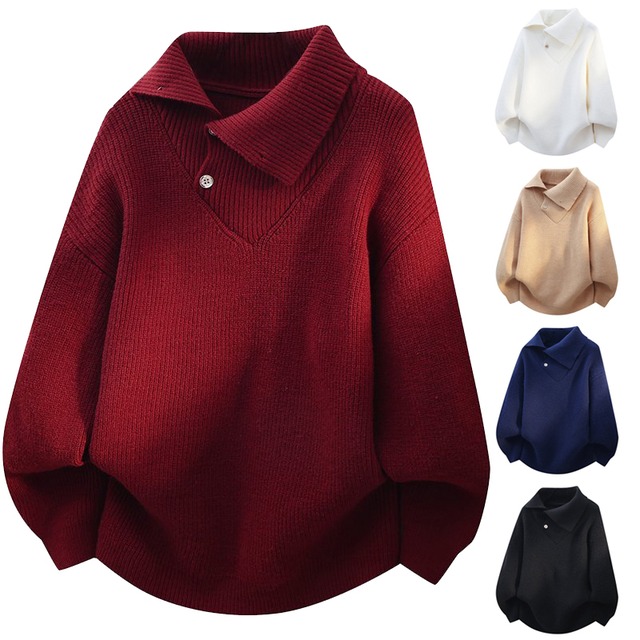 ☼ユニックなネックニット!【WSシリーズ】★セーター★ ユニセックス 5color ニットトップス 大きいサイズ 赤 黒 青 白