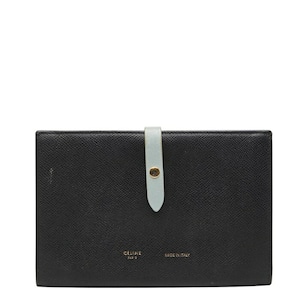 セリーヌ ラージ ストラップ ウォレット 二つ折り 長財布 ブラック ブルー系 レザー レディース CELINE 【中古】