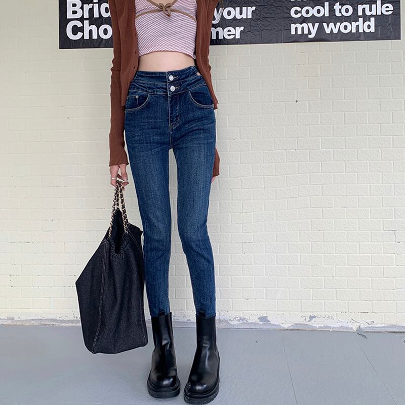 スリムダークブルージーンズ スプリングオータムハイウェストパンツ 春物 秋物 モンロー72982405165