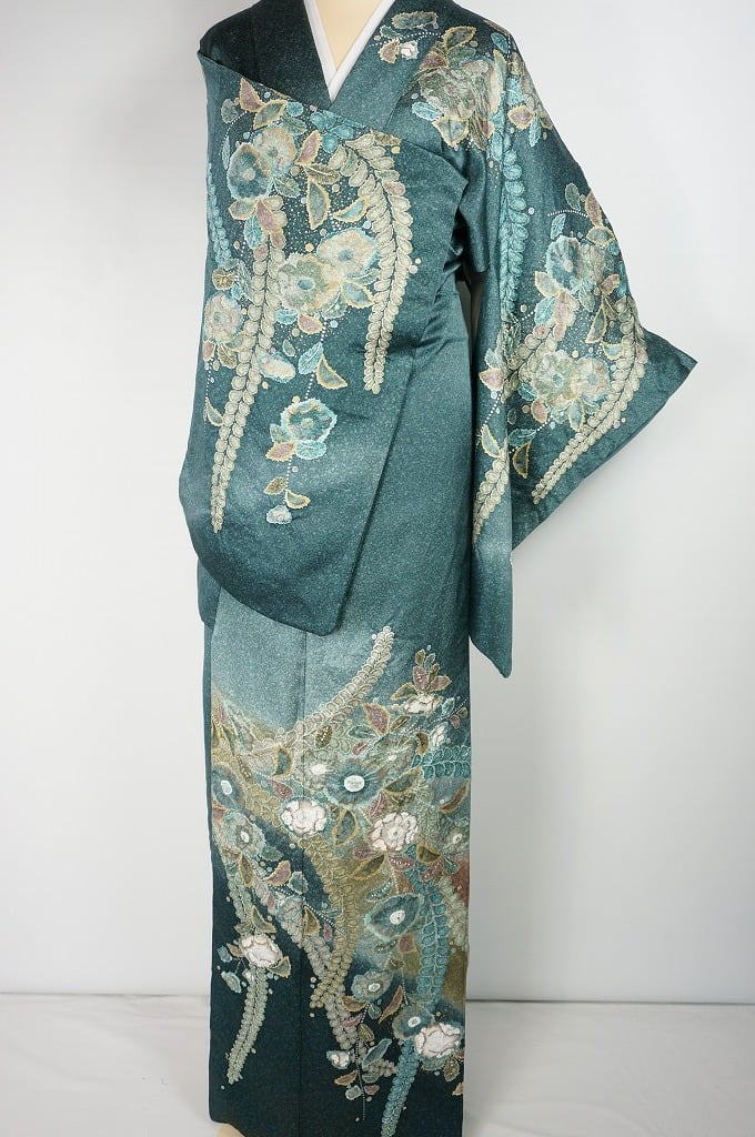 作家物 辻が花絞り 天目染め 本金箔 訪問着 深藍色 青緑 598 | kimono