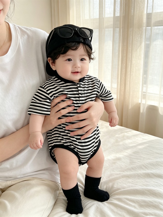 【BABY】ストライプヘンリーネック半袖ボディスーツ - 9