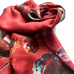 シルクスカーフ 赤 植物模様　写真風　モダン　レトロ 12ACch40