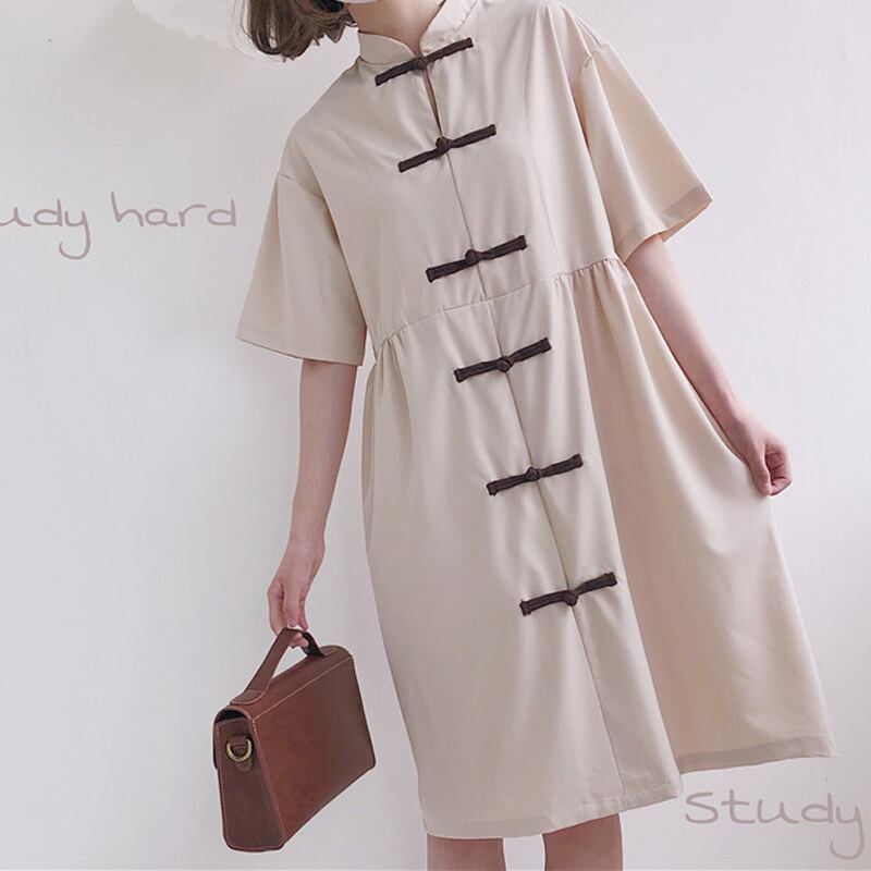 チャイナ風ワンピース チャイナ風服 中華服 改良唐装 改良漢服 スタンドネック 半袖 ロング丈 可愛い 普段着 チャイナボタン ゆったり Dresszone