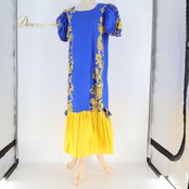 フラダンス 衣装 ワンピース ドレス ブルー系 イエロー系 リボン パフスリーブ モンステラ柄 花柄 かわいい 華やか 鮮やか 明るい 青 黄 ダンス衣装 ハワイアンダンス レディース ハワイアン アロハ ハワイアンプリント フラ ダンス レッスン 練習 黄色