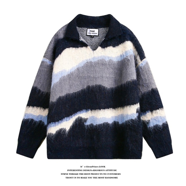 ❤遊び心のある、ビンテージストライプ！【Vesiboシリーズ】★セーター★ ユニセックス ニットトップス 油絵風 POLOネック Vネック