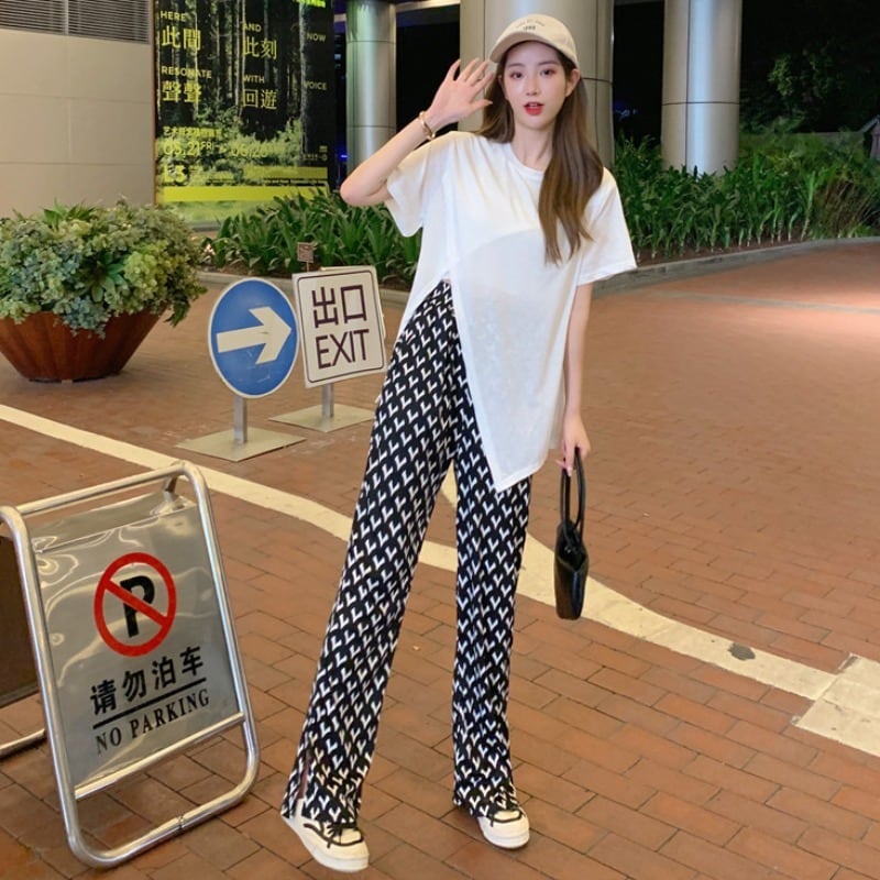 サマーツーピースレッドTシャツ ワイドレッグパンツ ストリート 夏物 ワイドパンツ 1号婦人46619850423