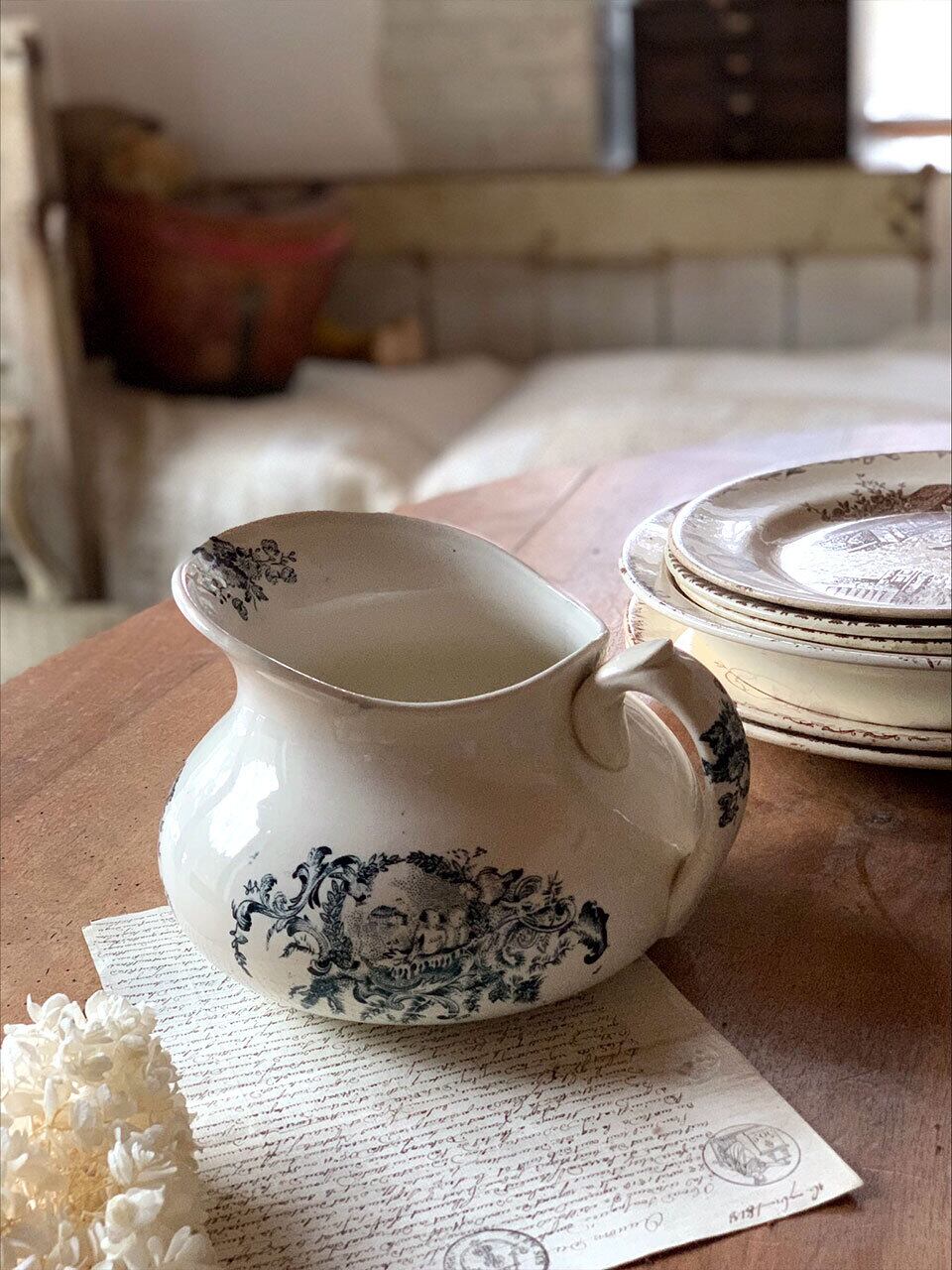 小鳥と草花のジャグ ピッチャー 19世紀 Arboras GRYGNY窯 | Brocante