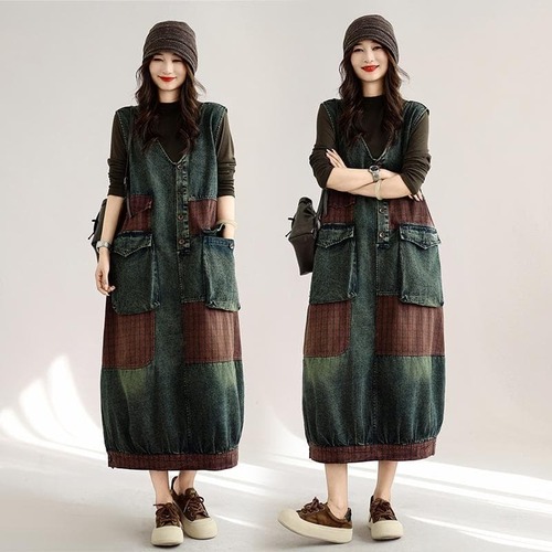 大きいサイズ 新品 秋冬 デニム チェック パッチワーク サロペット ワンピース