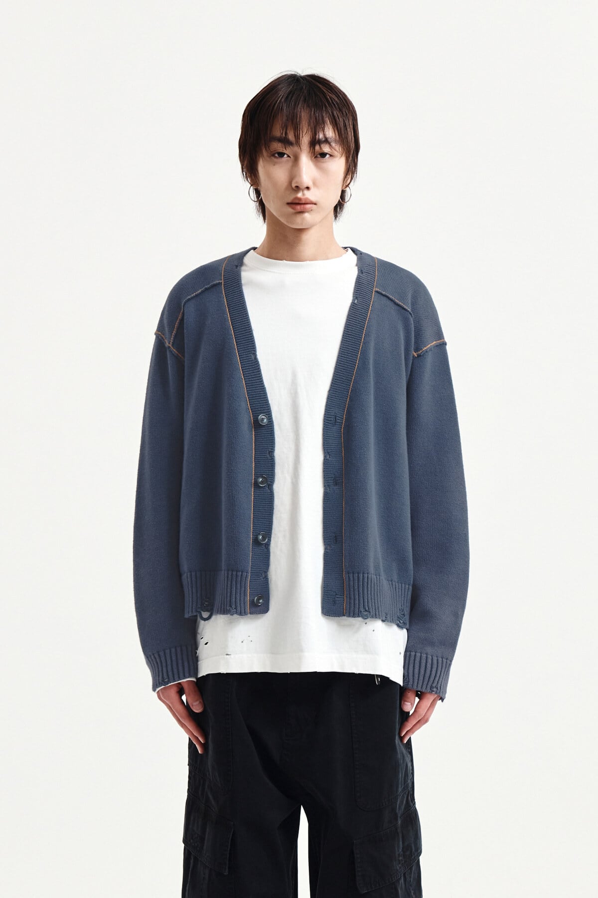 Matin Kim] BACK LOGO LINE POINT KNIT CARDIGAN IN SMOKE BLUE 正規品