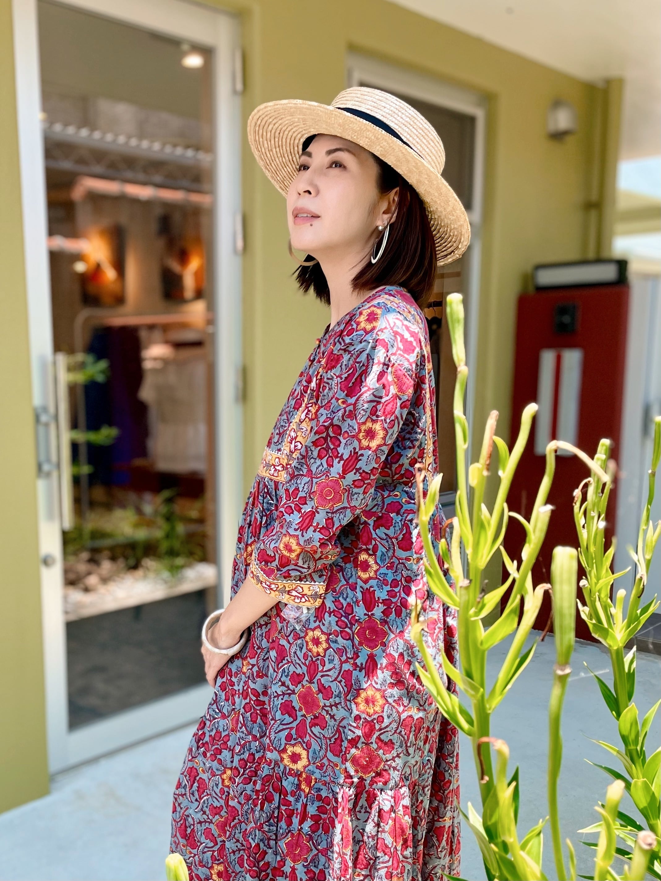 ブロックプリントワンピース / ガーネット | at okinawa