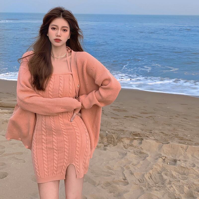 ニットセーター カーディガンジャケット オータムウィンタースタイルルーズトップス ロング 秋物 冬物 ブラックストロベリース68874666703