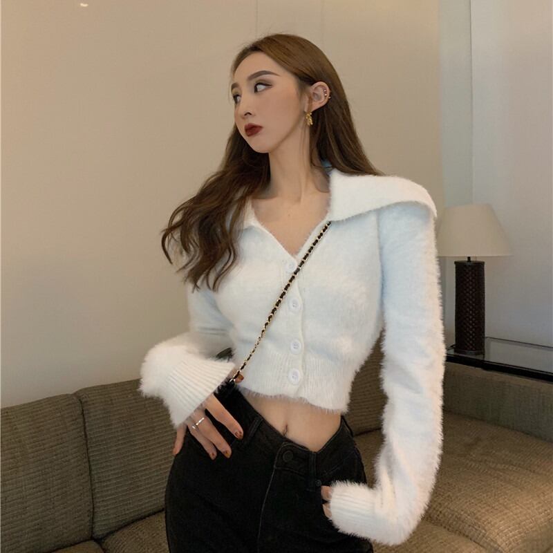 ニットセーター レディースショートVネックスリムトップス スプリングホワイトスタンダードカーディガンジャケット レトロ 春物 ブラックストロベリース73689293017