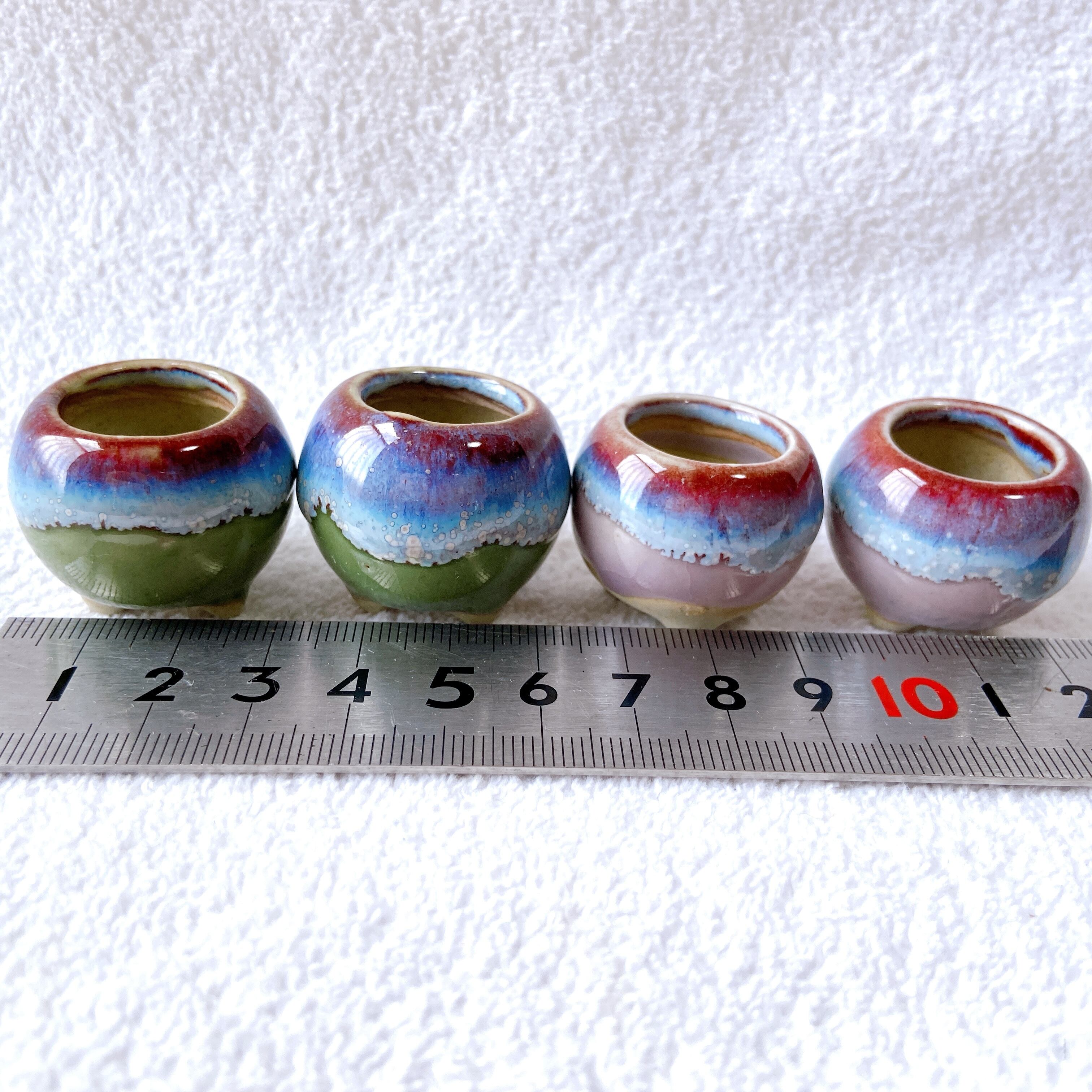 お得4点セット！ 緑色と紫色のミニチュアサイズの陶器植木鉢】 豆盆栽