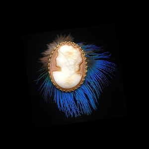Blue feather oval cameo brooch
