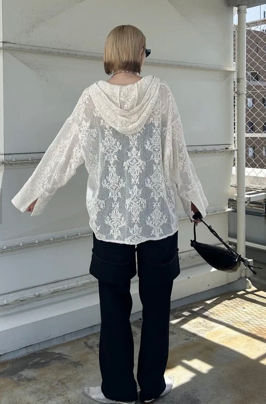 AMERI】2WAY MESH DAMASK EMBROIDERY HOOD BLOUSE (0126104510800