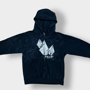 【VOLCOM】パーカー ジップアップ プリント フーディー スウェット hoodie ブラック L ボルコム スケボー スケート US古着